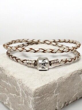 PANDORA Double Champagne Leather Bracelet With Sterling Silver Logo Clasp